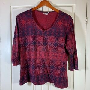 Prairie Cotton Womens XL Red Navy Geometric Diamond V-Neck 3/4 Sleeve Top USA